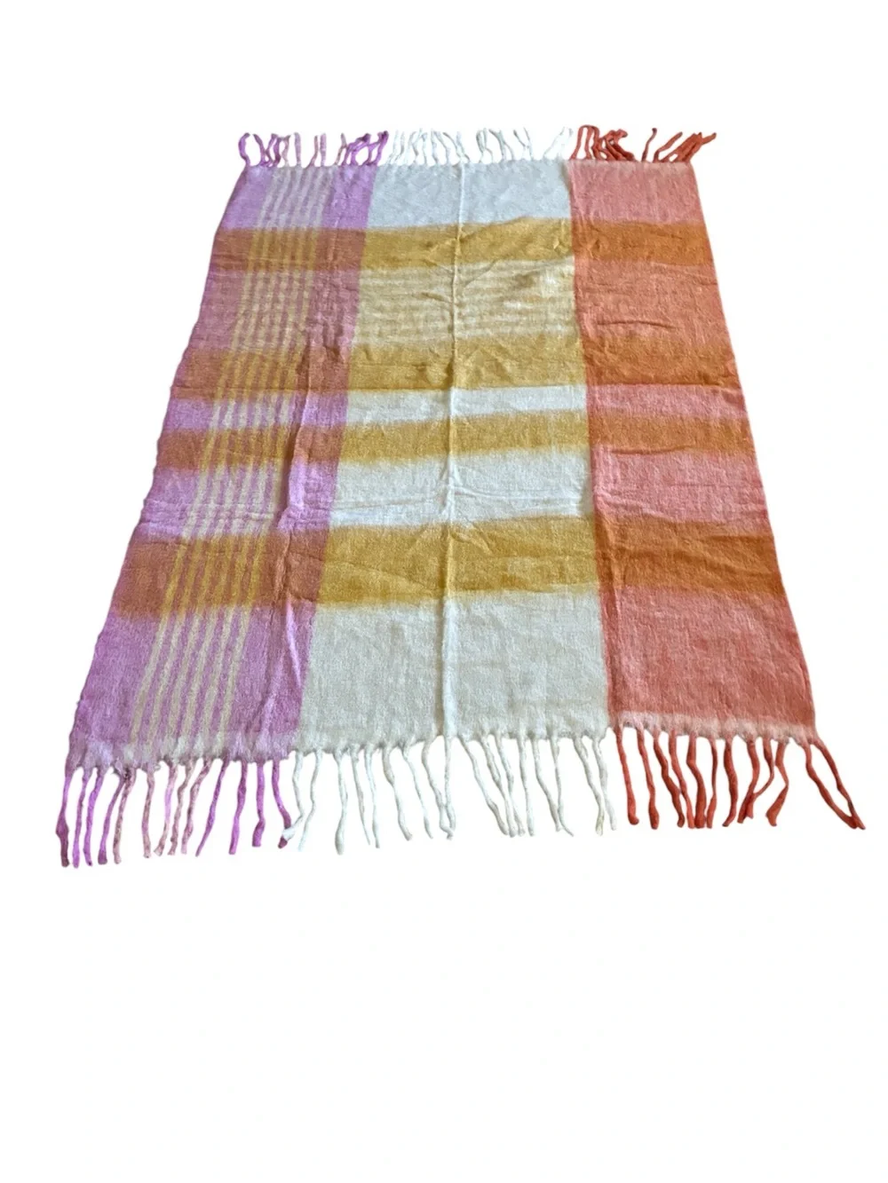 Anthropologie Brushed Mohair Wool Plaid Tassel Throw Blanket Striped Pastels